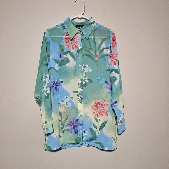 Kensington Lane Multicolor Silk Floral Long Sleeve Button-Up Top Women's Size S - Picture 1 of 7